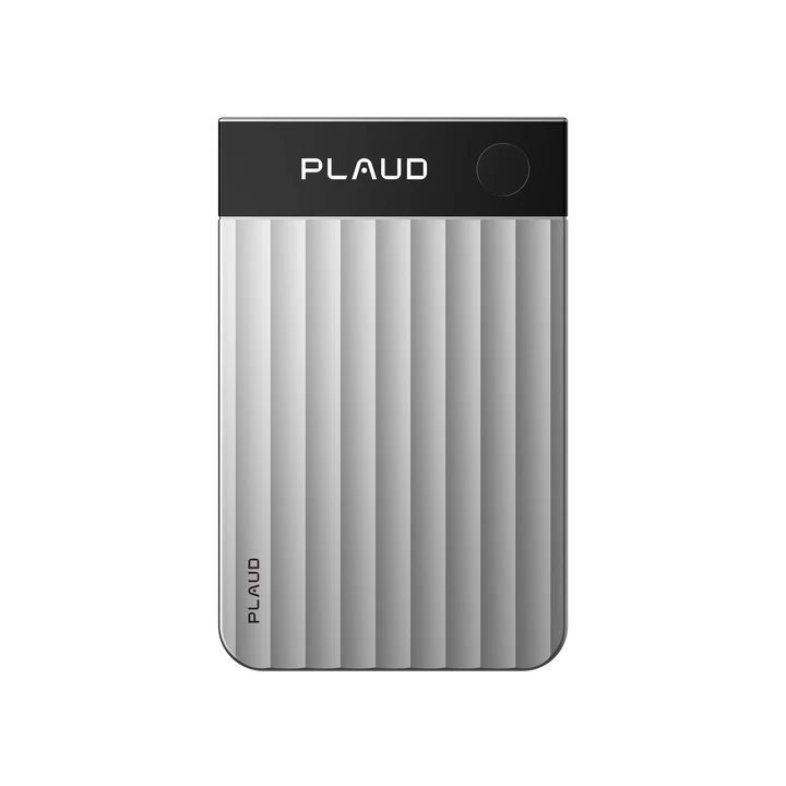 Sleek Plaud Note Pro AI voice recorder with ribbed gray design for capturing meetings, lectures, and phone calls
