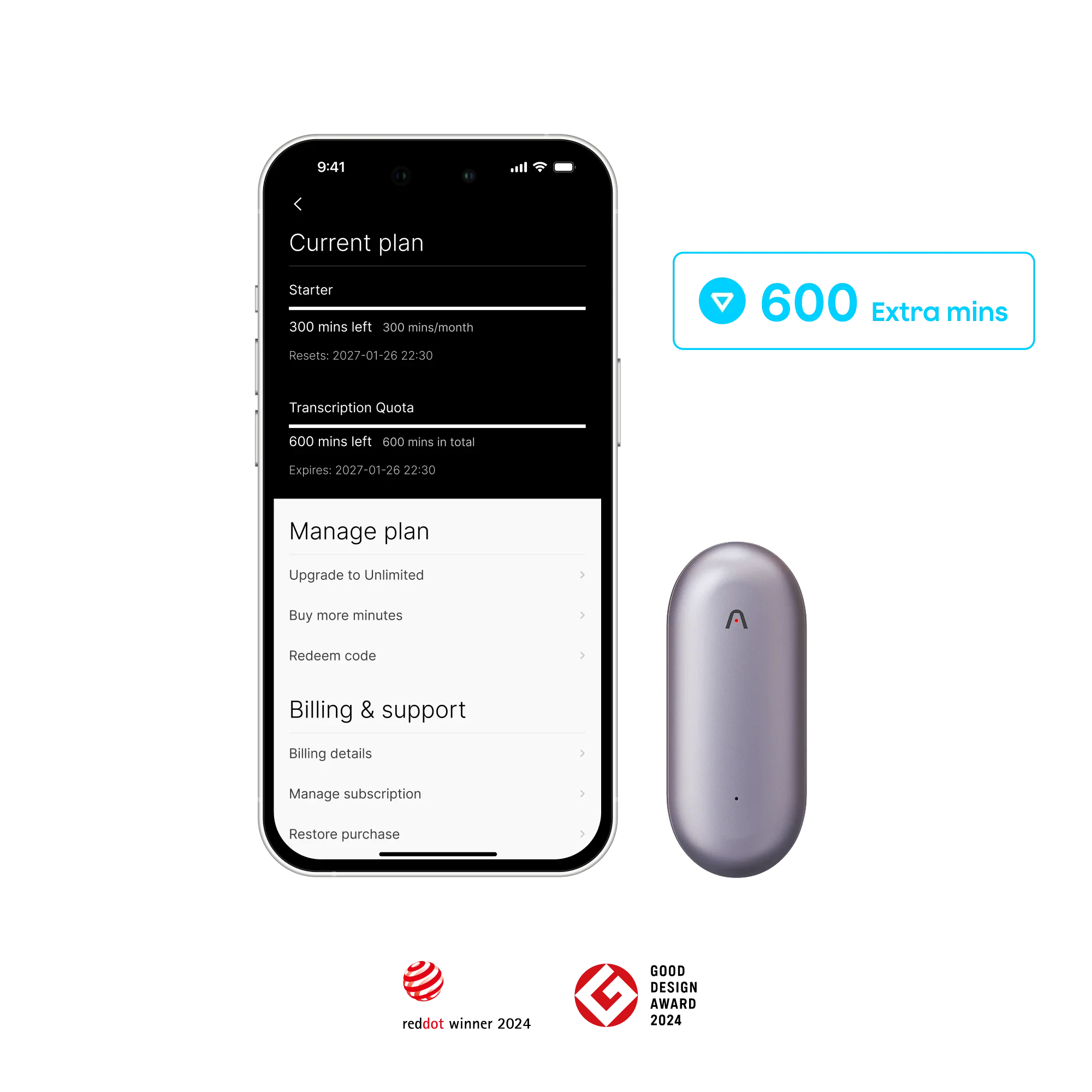 Plaud NotePin & add-on extension 600 mins