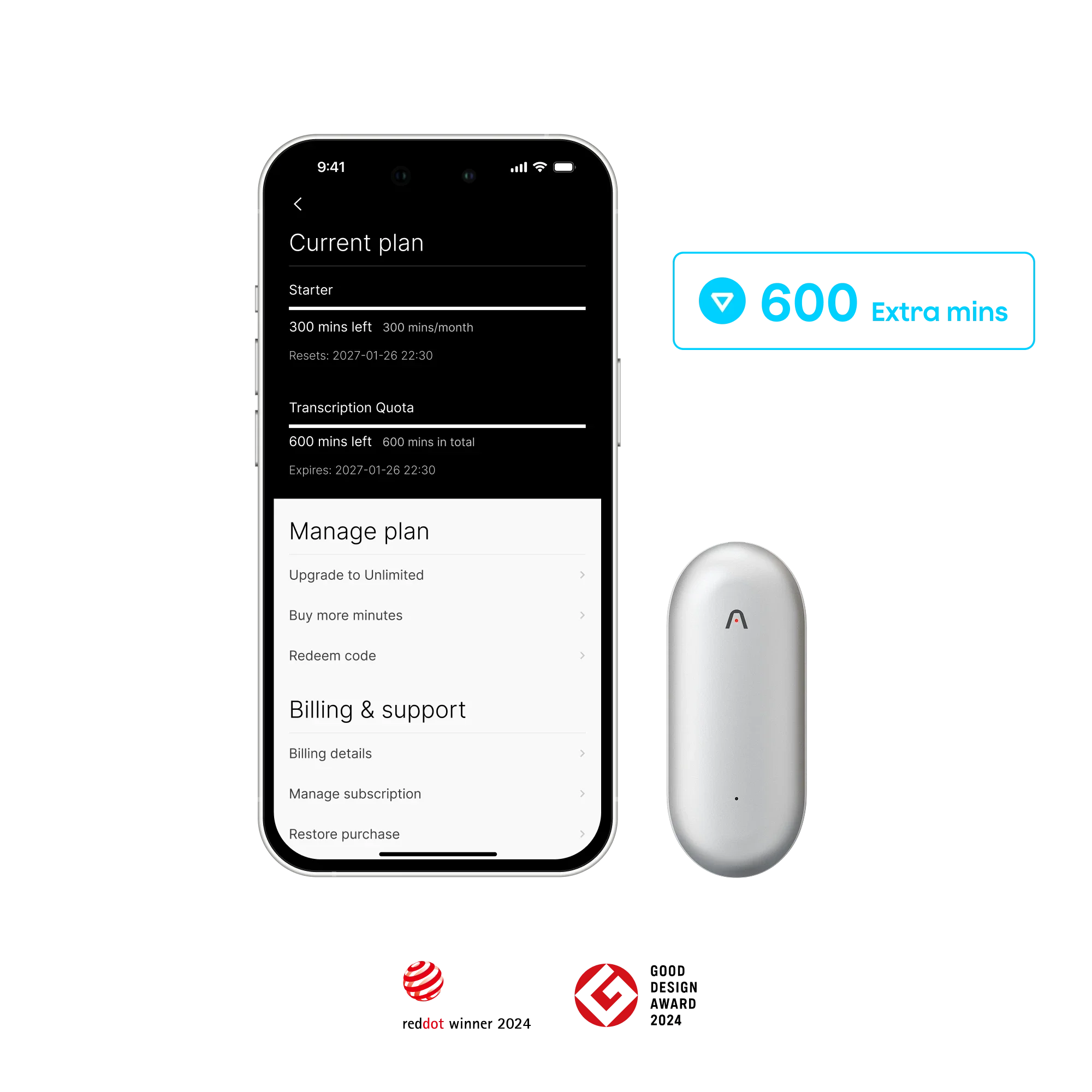 Plaud NotePin & add-on extension 600 mins