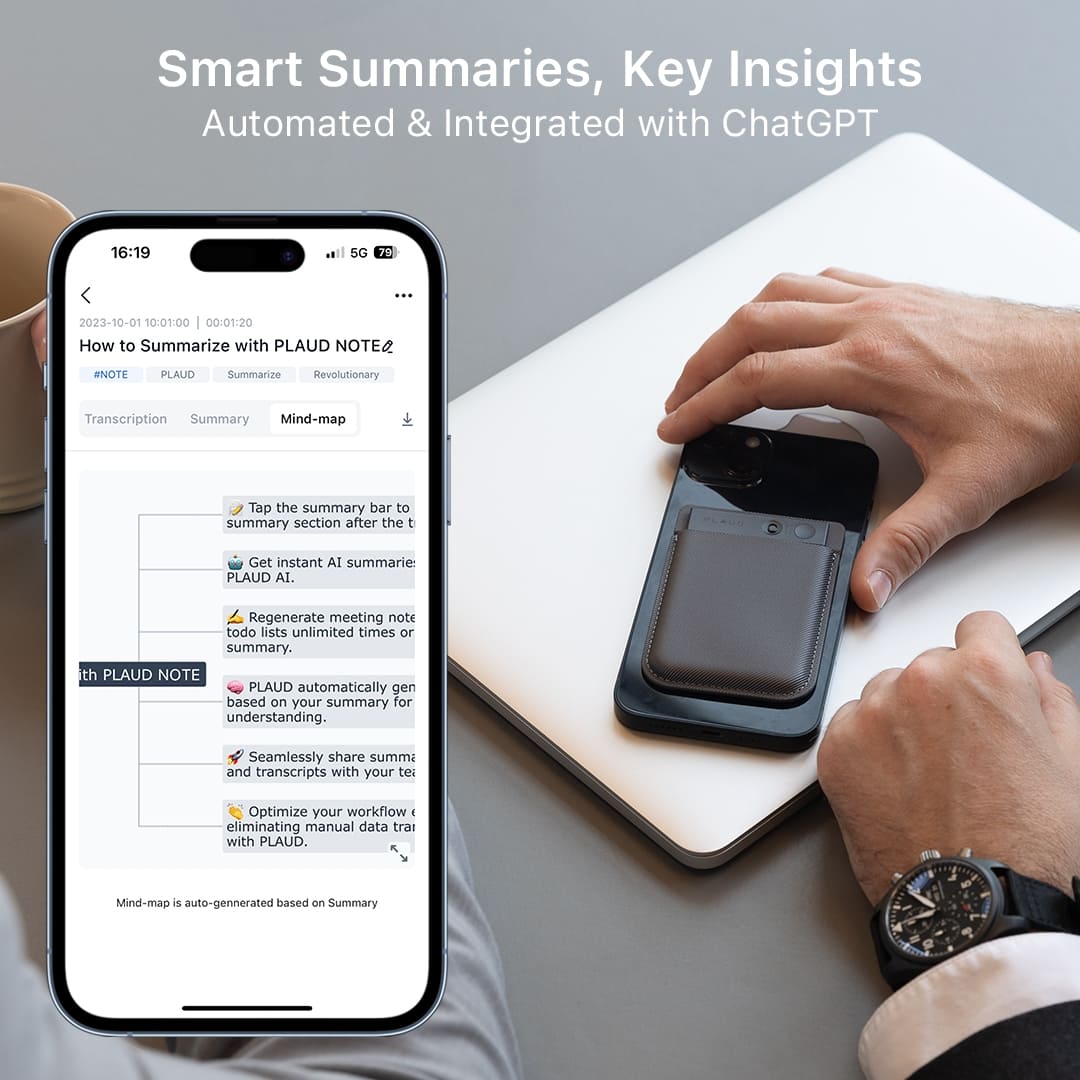 Hand holding Plaud Note AI voice recorder connected to smartphone displaying meeting transcription, summary and mind map features powered by ChatGPT